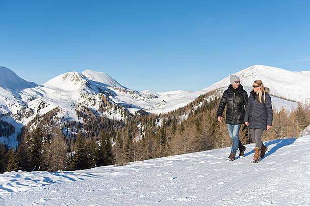 Pärchen spaziert auf einer Anhöhe im Winter mit Bergpanorama im Hintergrund