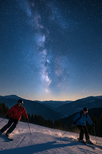 2 Skifahrer fahren die Piste unter dem Sternenhimmel hinunter