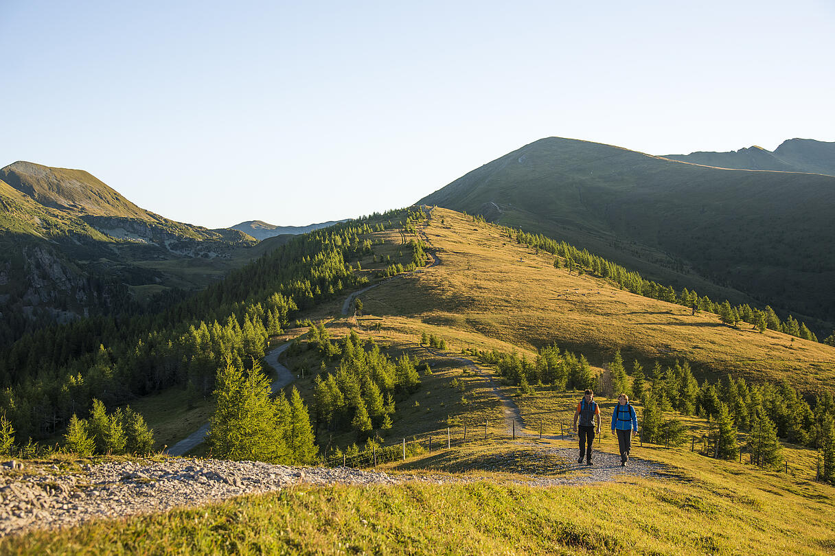2 Personen wandern im Sommer im UNESCO Biosphärenpark 2 Wanderer gehen einen Wanderweg im UNESCO Biosphärenpark entlang